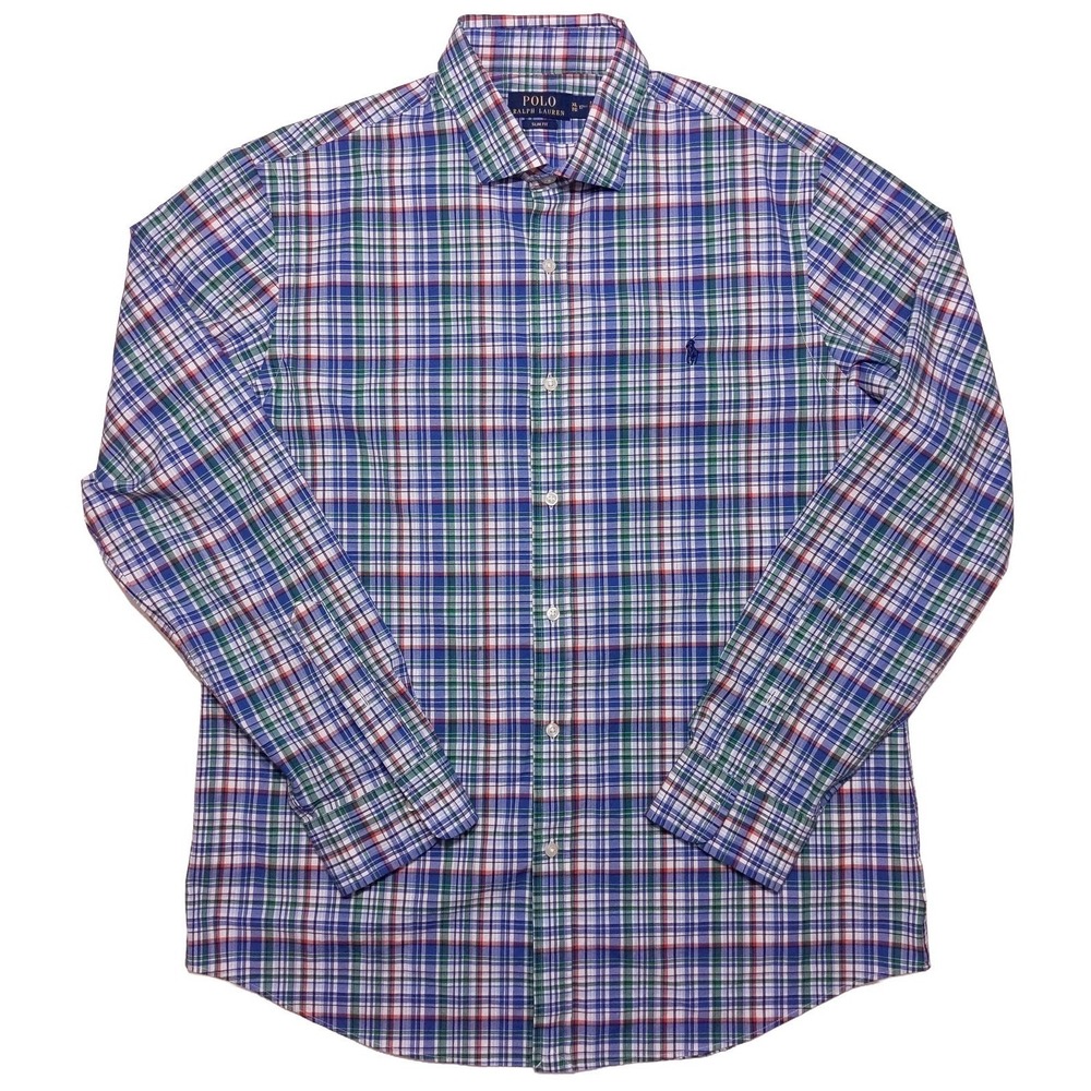 POLO RALPH LAUREN Long Sleeve Button Shirt Blue Green Red Plaid‎ XL Slim Fit